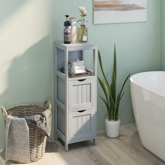 Modern Farmhouse 2-Drawer Grey Finish Cabinet bathroom storage with open shelf on Tampa Home & Garden Store