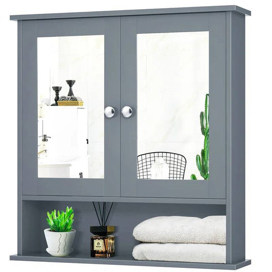 Grey Wood Bathroom Wall / Medicine Cabinet with Mirrored Doors and Shelf - Tampa Home & Garden Store