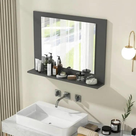 Rectangular grey wood finish bathroom mirror with storage shelf by HomePacific on Tampa Home & Garden Store