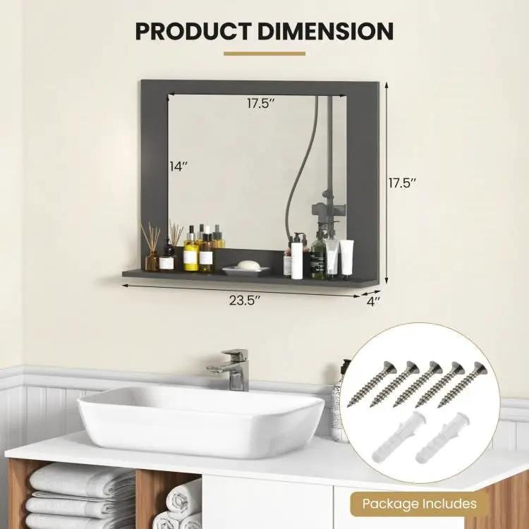Rectangular 23 x 17 inch Bathroom Mirror with Storage Shelf in Grey Wood Finish - Tampa Home & Garden Store
