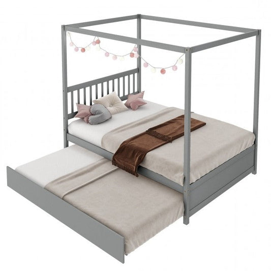 Gray Full Size Canopy Platform Bed with Twin Roller Trundle Bed - Tampa Home & Garden Store