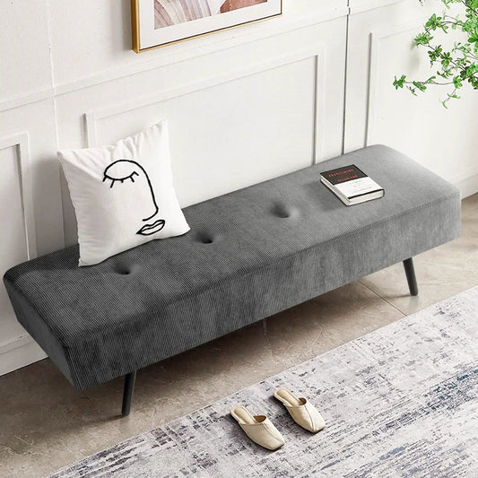 Mid Century Grey Corduroy End of Bed Bench with Tufted Top and Black Metal Legs on Tampa Home & Garden Store