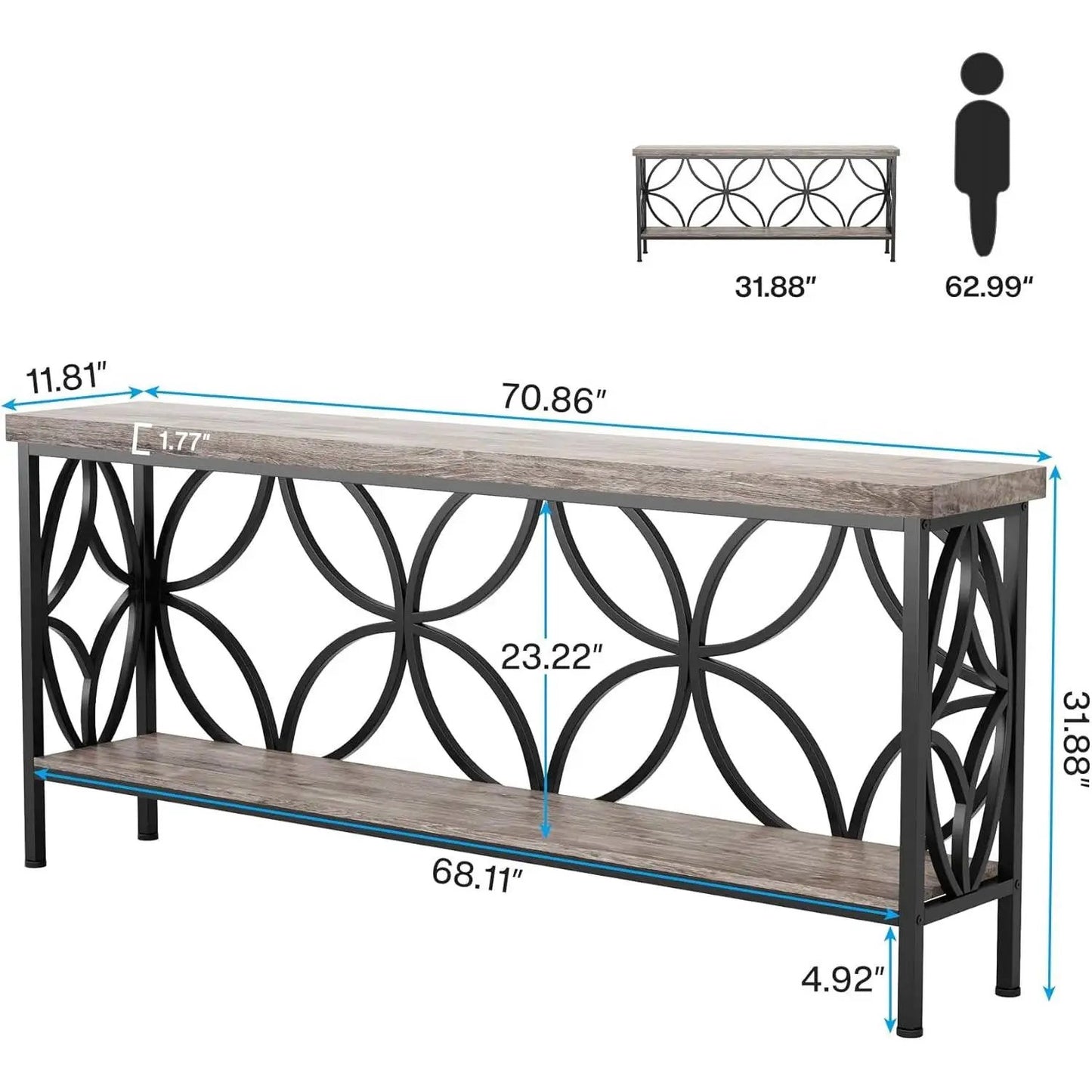 Modern 70-inch Long Narrow Foyer Entryway Table with Grey Wood Top and Shelf - Tampa Home & Garden Store