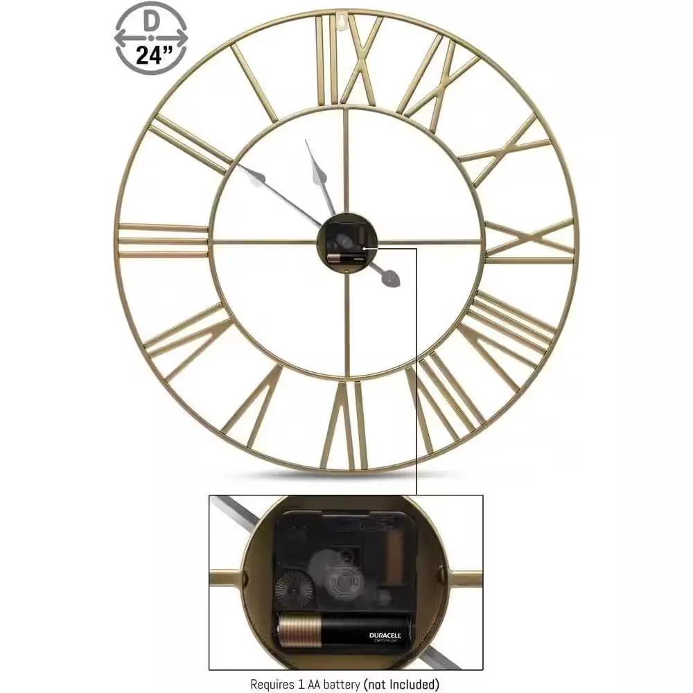 Round 24-inch Decorative Gold Metal Wall Clock Roman Numerals and Black Hands - Tampa Home & Garden Store