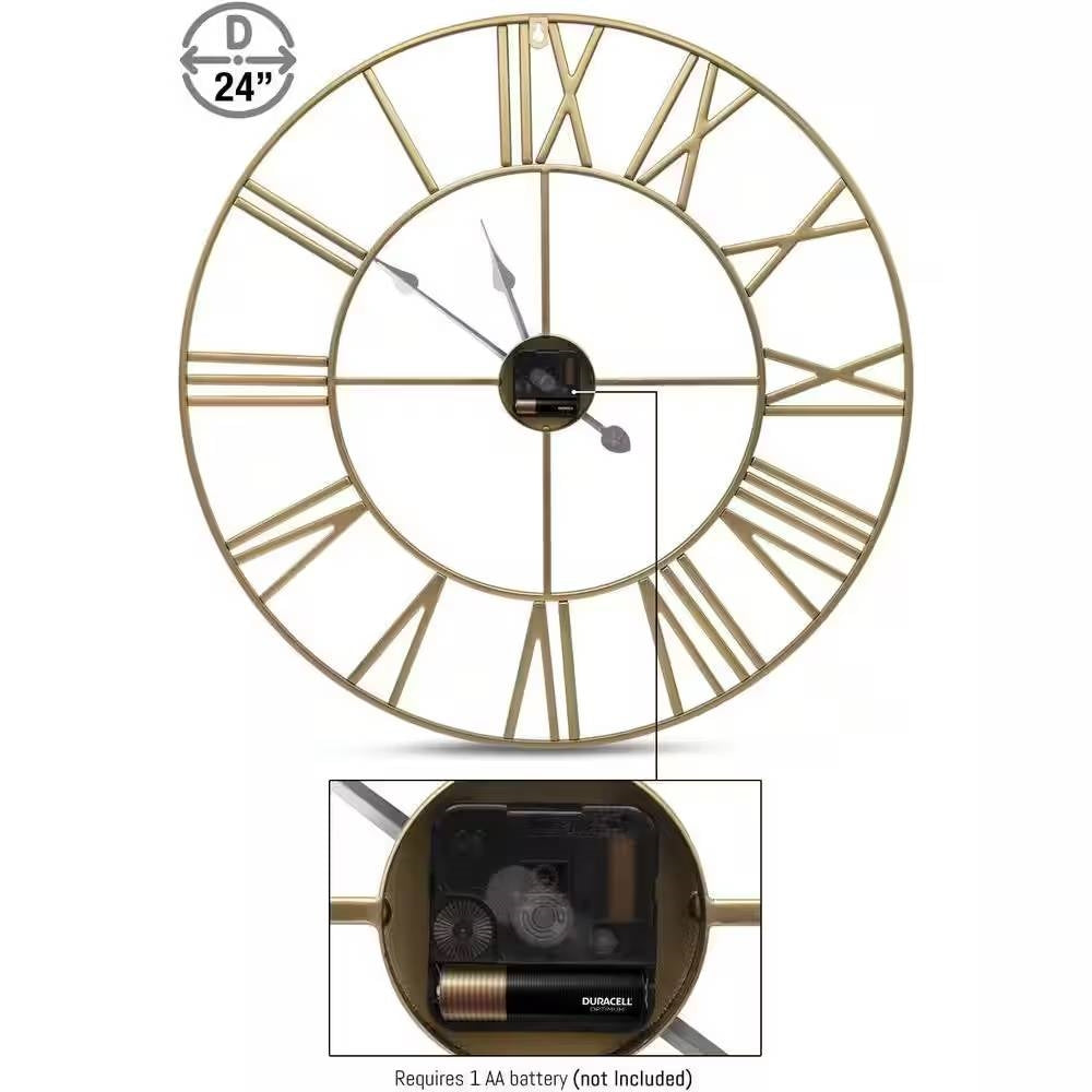 Reloj de Pared Decorativo de Metal Dorado de 24 Pulgadas, con Números Romanos y Manecillas Negras - Ronda