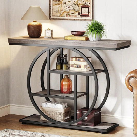 Narrow entryway console table in grey wood finish with circular metal base by HomePacific on Tampa Home & Garden Store