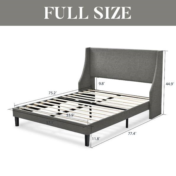 Cama de plataforma tapizada tamaño matrimonial gris lino mezcla con cabecera alada