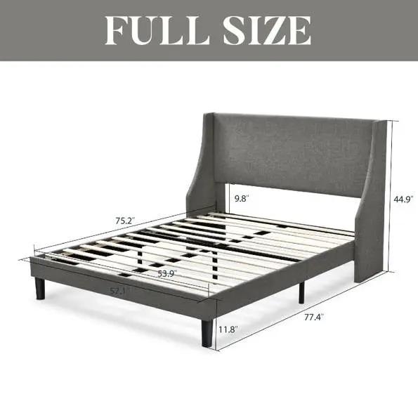 Full Size Grey Linen Blend Upholstered Platform Bed with Wingback Headboard - Tampa Home & Garden Store