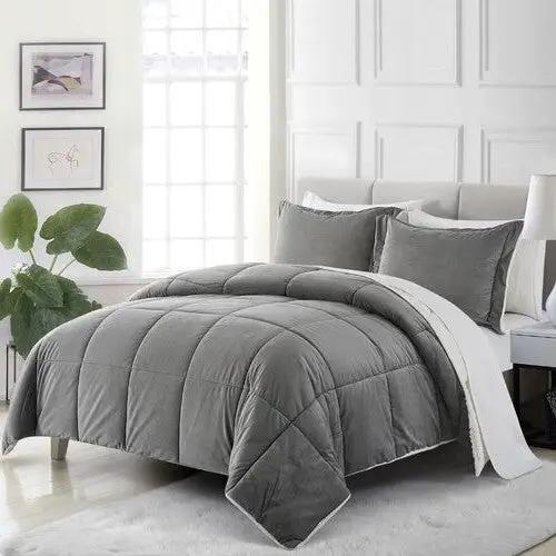 King plush microfiber reversible grey comforter set on bed with matching grey pillows on Tampa Home & Garden Store