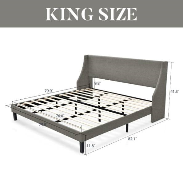 Cabecero y cama de plataforma King Size tapizados en lino mezclado con orejeras en color gris