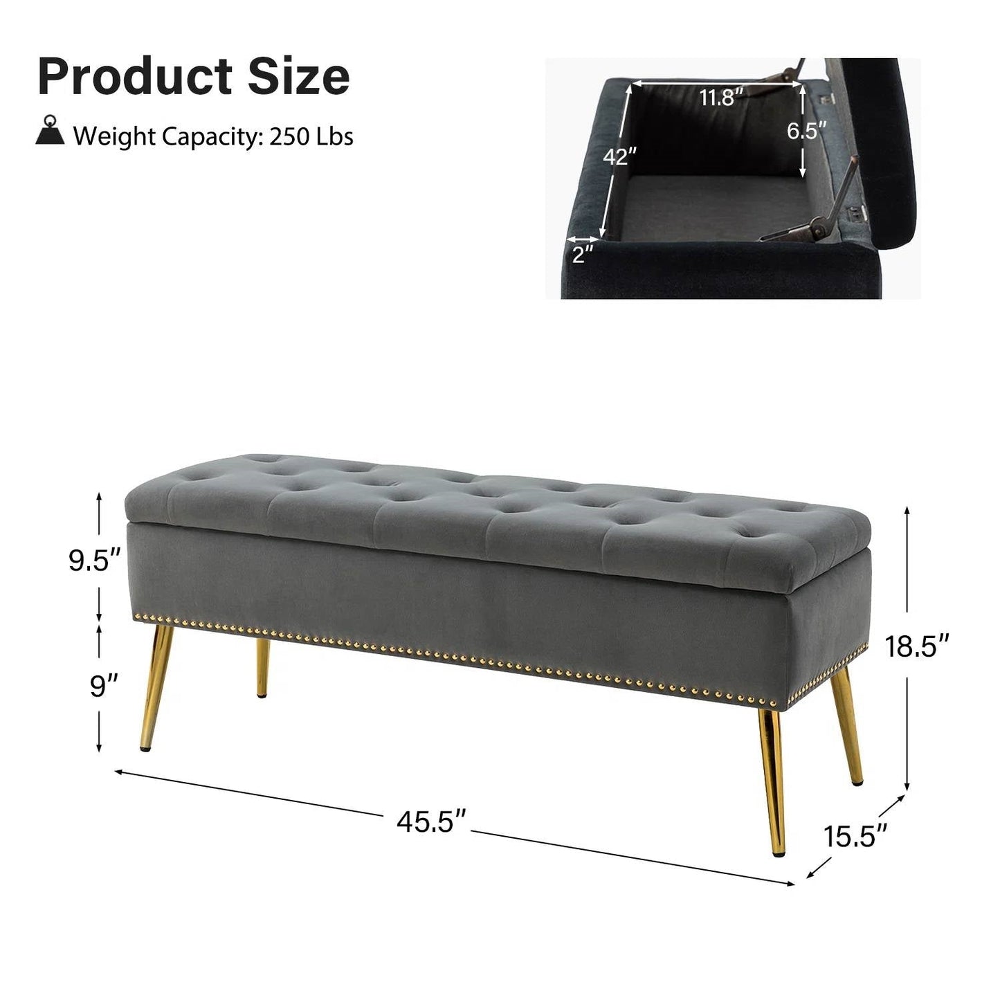Banco otomana de almacenamiento moderno de mediados de siglo para pie de cama con asiento de terciopelo gris y patas doradas