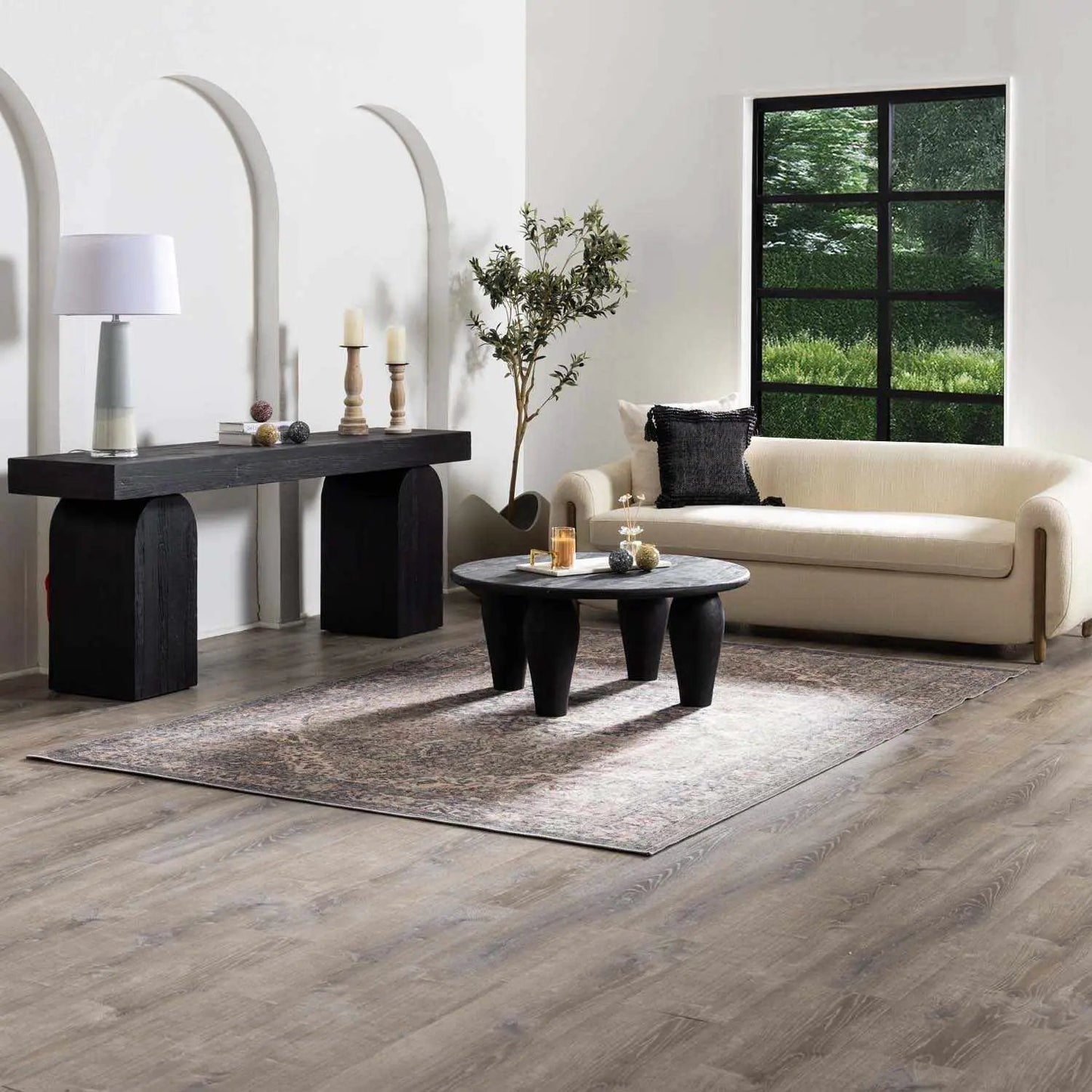 Greenpoint Dusty Blue Washable Area Rug by Boutique Rugs in a modern living room setting on Tampa Home & Garden Store