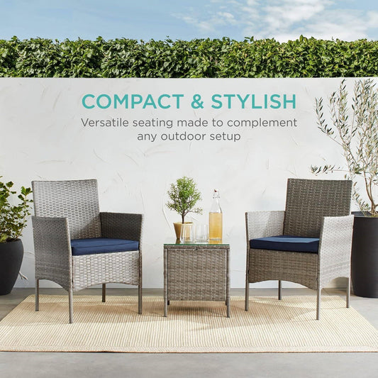 3-Piece Grey PE Wicker Outdoor Patio Furniture Dining Set w/ Navy Blue Cushions - Tampa Home & Garden Store