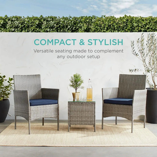 3-Piece grey PE wicker outdoor patio set with navy cushions and a glass-top table on Tampa Home & Garden Store