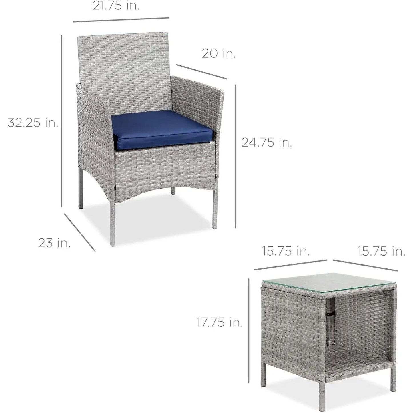 3-Piece Grey PE Wicker Outdoor Patio Furniture Dining Set w/ Navy Blue Cushions - Tampa Home & Garden Store