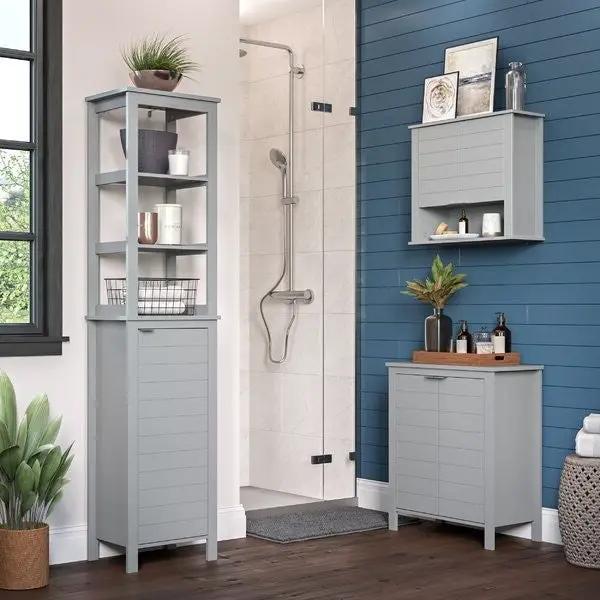 Gray bathroom storage cabinet set with tall open-shelf unit and lower doors HomePacific on Tampa Home & Garden Store