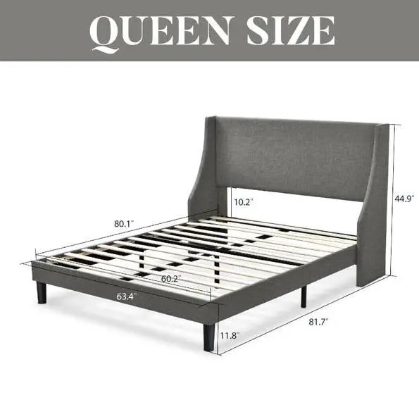 Queen Size Grey Linen Blend Upholstered Platform Bed with Wingback Headboard - Tampa Home & Garden Store