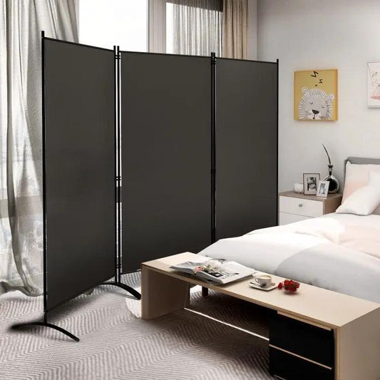 6 Ft Grey 3-Panel Room Divider Screen by HomePacific with black metal frame in a modern bedroom on Tampa Home & Garden Store
