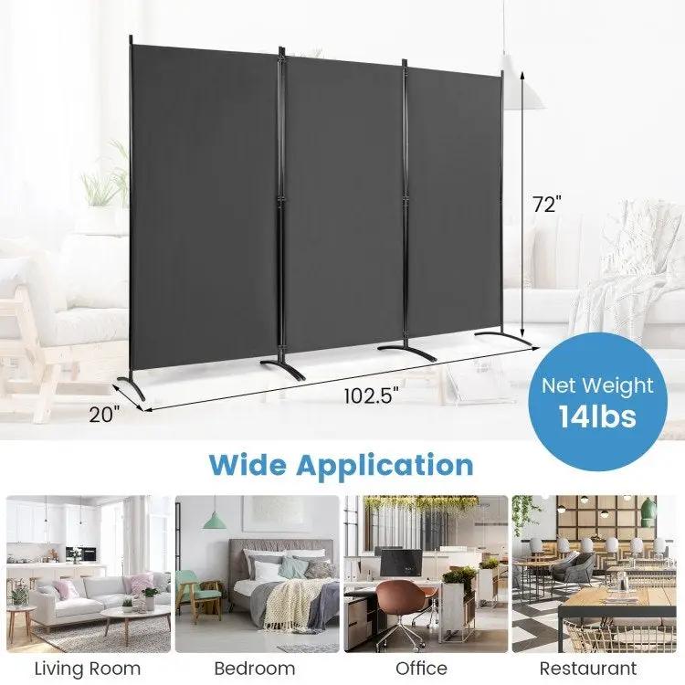 6-Ft Grey 3-Panel Room Divider Screen with Steel Base and Heavy Duty Hinges - Tampa Home & Garden Store