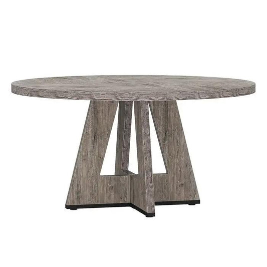 Grey round dining table for 4 with rustic farmhouse weathered grey wood pedestal base on Tampa Home & Garden Store