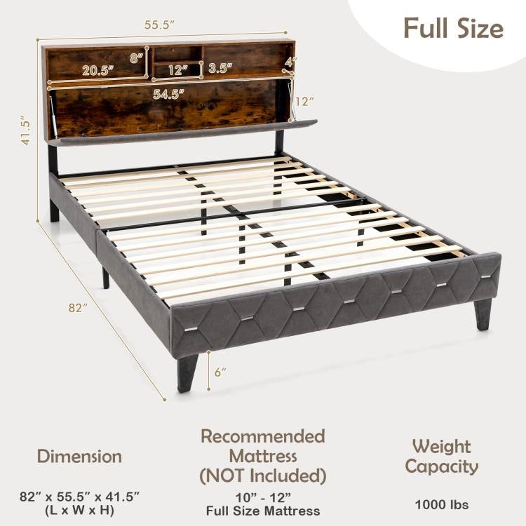 Cama con plataforma, cabecera tapizada en terciopelo tamaño completo con almacenamiento abierto/cerrado