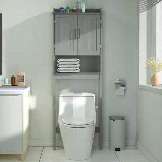 Over-the-Toilet grey wood bathroom cabinet with two doors and towel shelf HomePacific on Tampa Home & Garden Store
