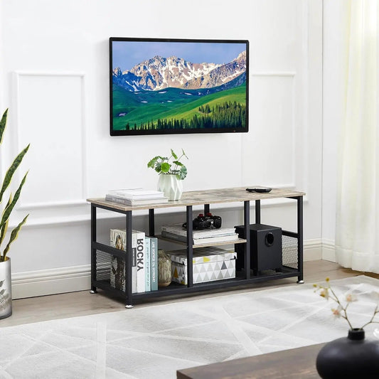 Industrial Modern Black Metal Grey Wood TV Stand with open media storage shelf on Tampa Home & Garden Store