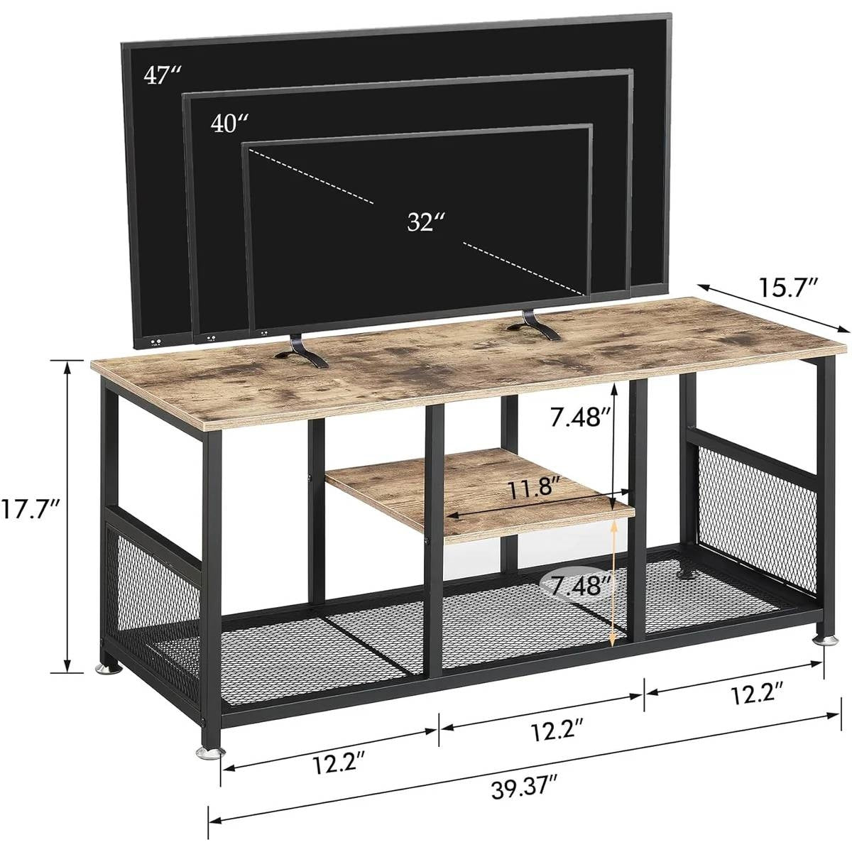 Mueble de TV industrial moderno de metal negro y madera gris con estante de almacenamiento para medios