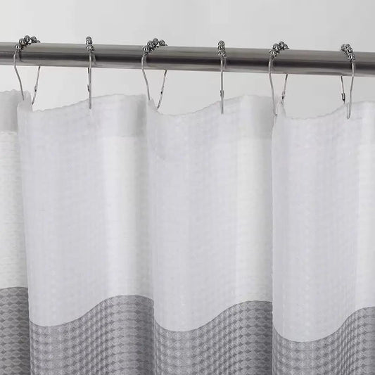 Grey white striped polyester shower curtain with textured top and grey bottom, six chrome rings on Tampa Home & Garden Store