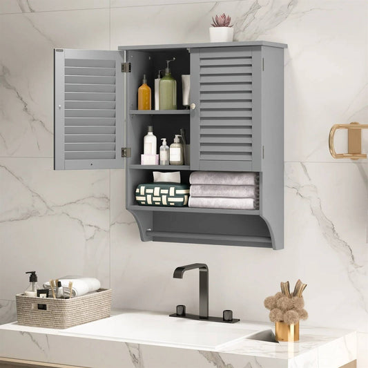 Grey Wall-Mounted Bathroom Medicine Cabinet with Louver Doors and Towel Bar - Tampa Home & Garden Store