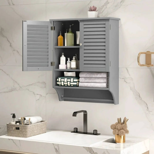 Grey wall-mounted bathroom cabinet with towel bar and louvered doors, interior shelves on Tampa Home & Garden Store