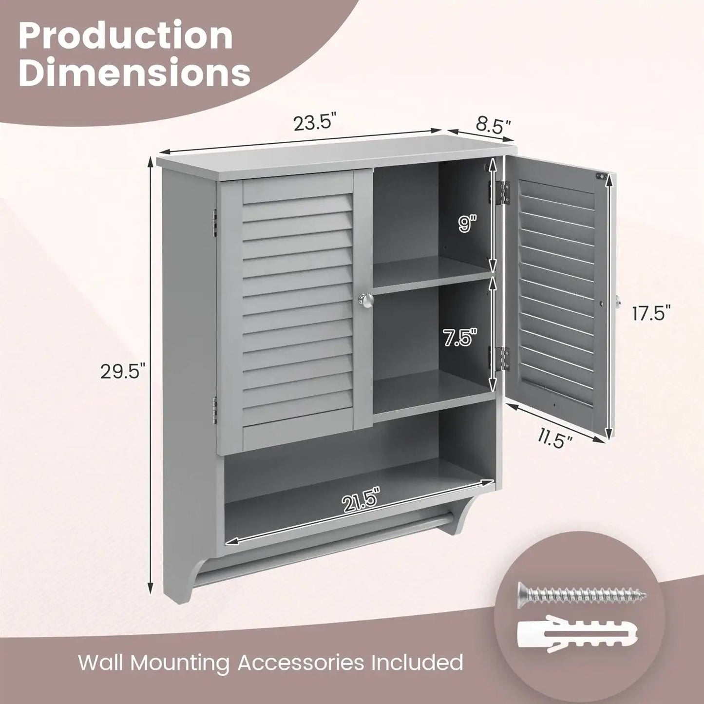 Grey Wall-Mounted Bathroom Medicine Cabinet with Louver Doors and Towel Bar - Tampa Home & Garden Store