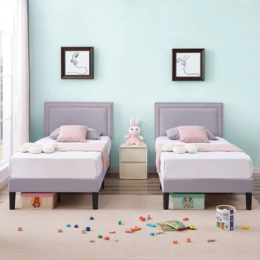 Set of 2 twin size grey upholstered platform bed frames with headboards on Tampa Home & Garden Store