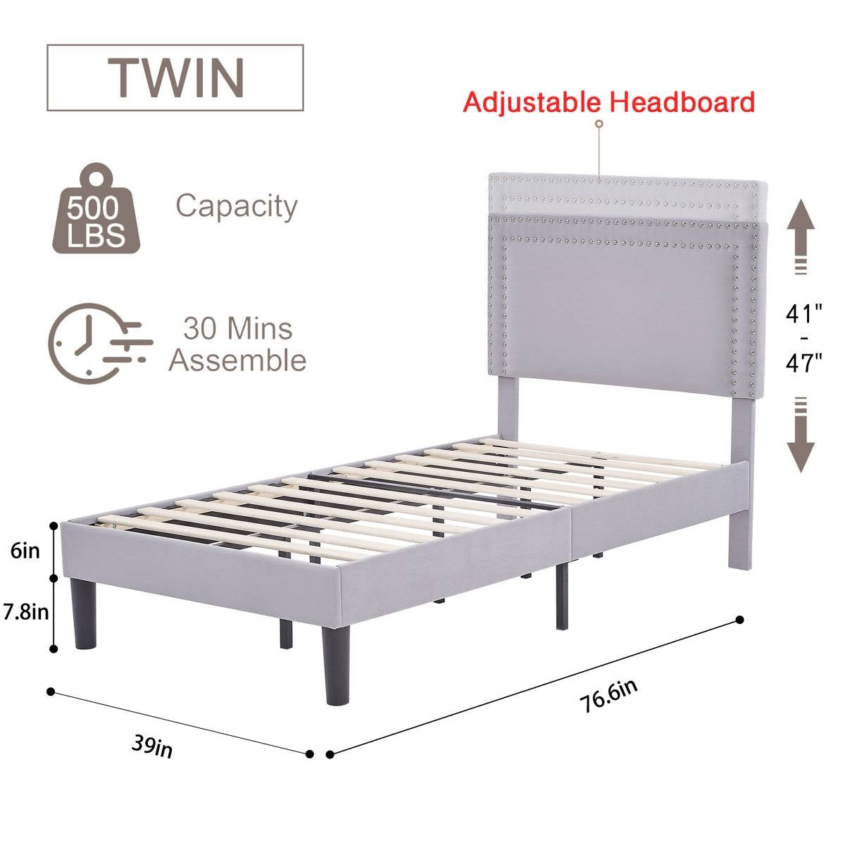 Set of 2 - Twin size Grey Upholstered Platform Bed Frame with Headboard