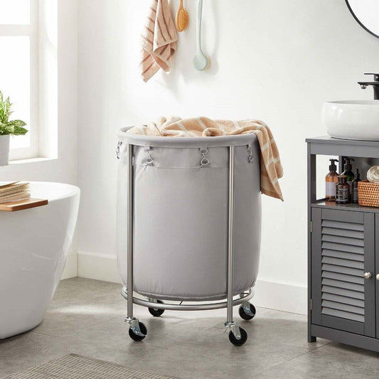Round 45-gallon laundry hamper on wheels with grey fabric bag and chrome frame by HomePacific on Tampa Home & Garden Store