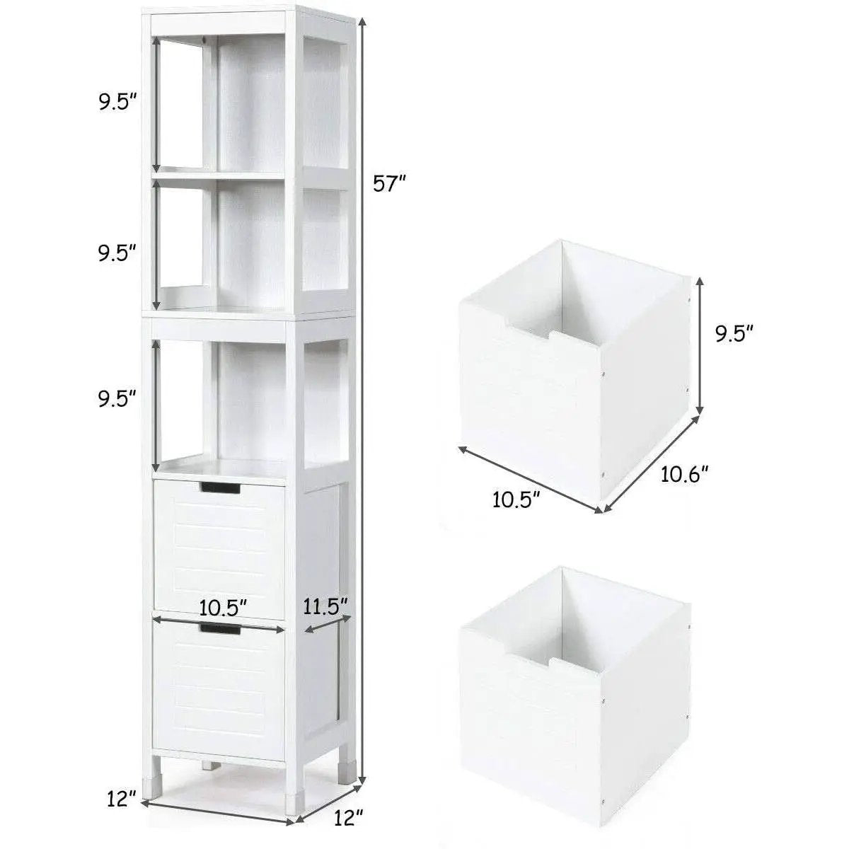 Bathroom Cabinet Tower with 2 Storage Drawers and 3 Shelves in White Wood Finish - Tampa Home & Garden Store