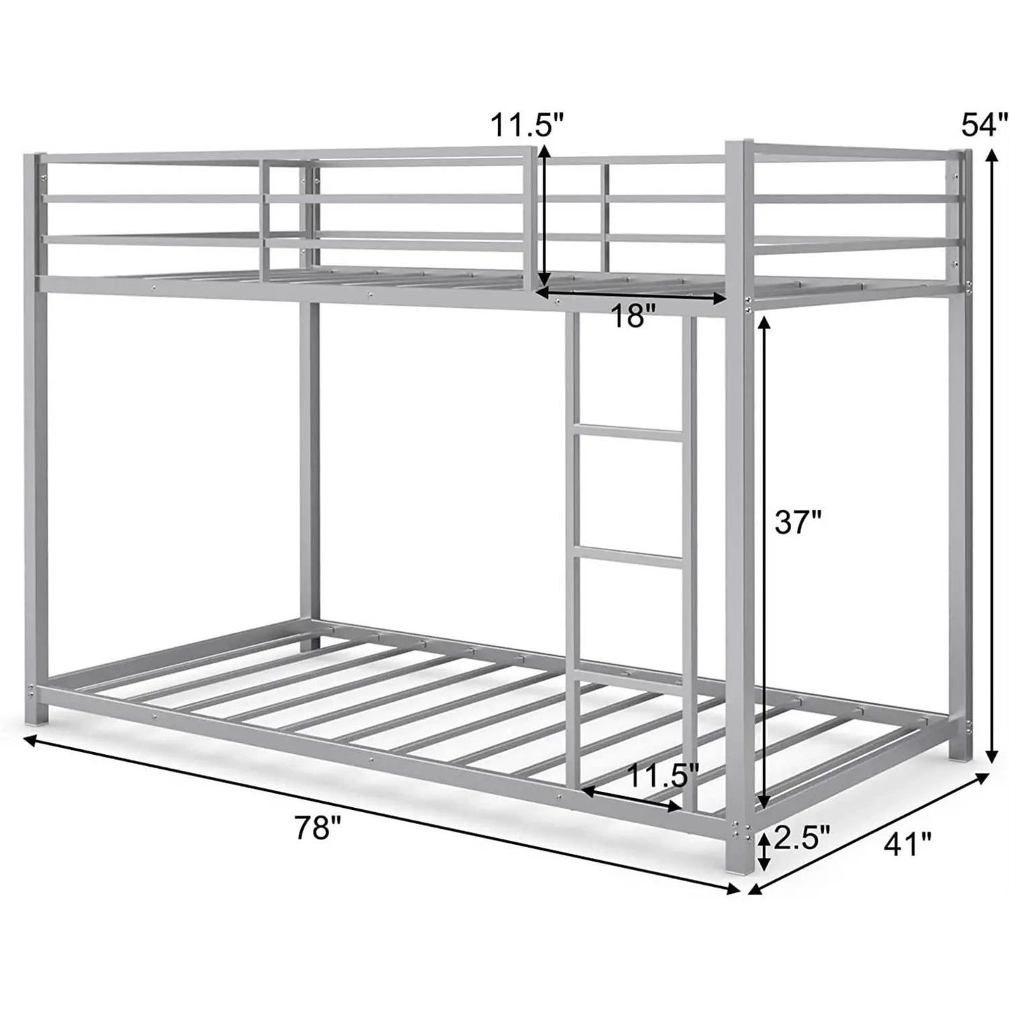 Twin over Twin Low Profile Modern Bunk Bed in Silver Metal Finish - Tampa Home & Garden Store