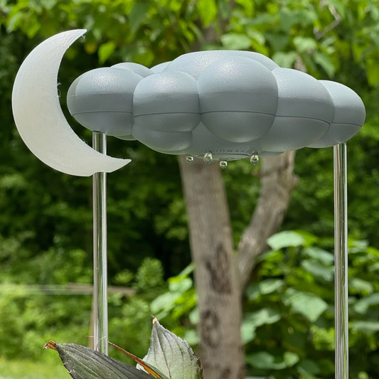 Stormy Dripping Rain Cloud Moon Charm gray cloud watering globe with crescent moon and droplets on Tampa Home & Garden Store