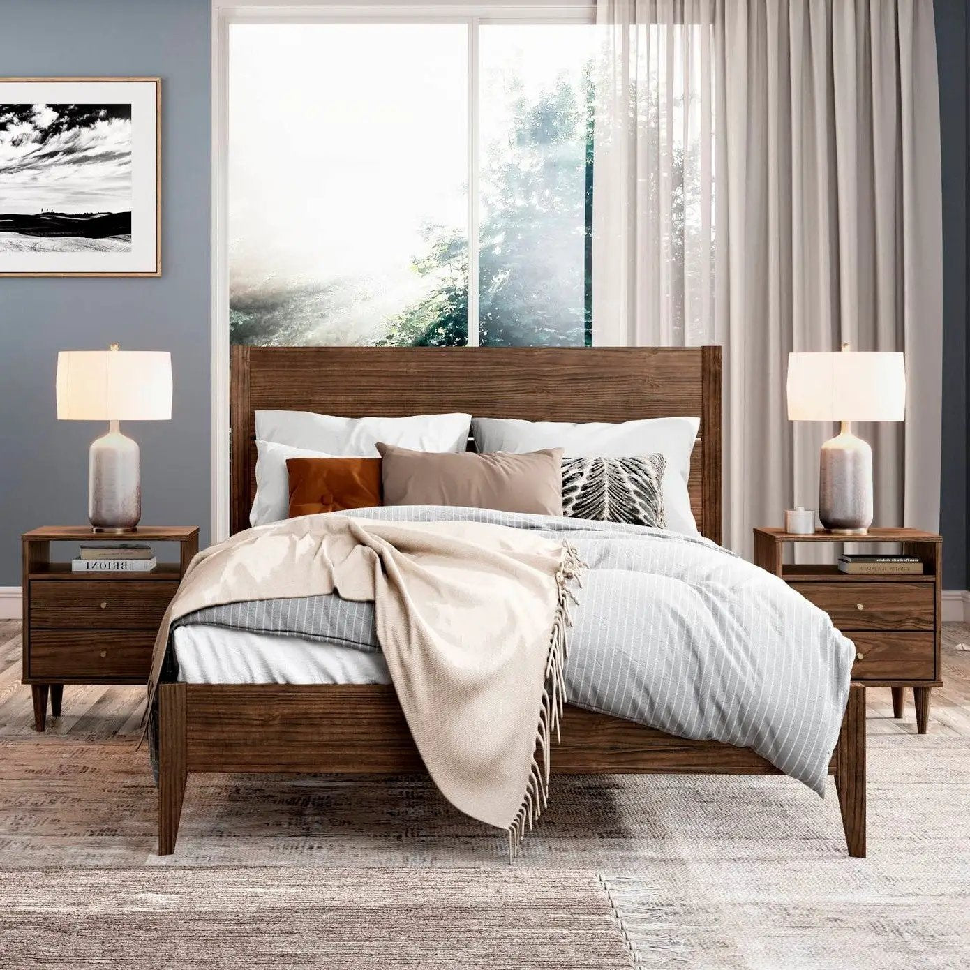 Queen Size Rustic Walnut Mid Century Slatted Platform Bed - Tampa Home & Garden Store