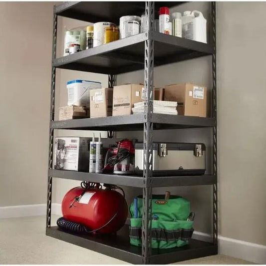 Heavy Duty 48-Inch Wide Metal Shelving Unit with dark gray shelves for cans, boxes, and tools on Tampa Home & Garden Store