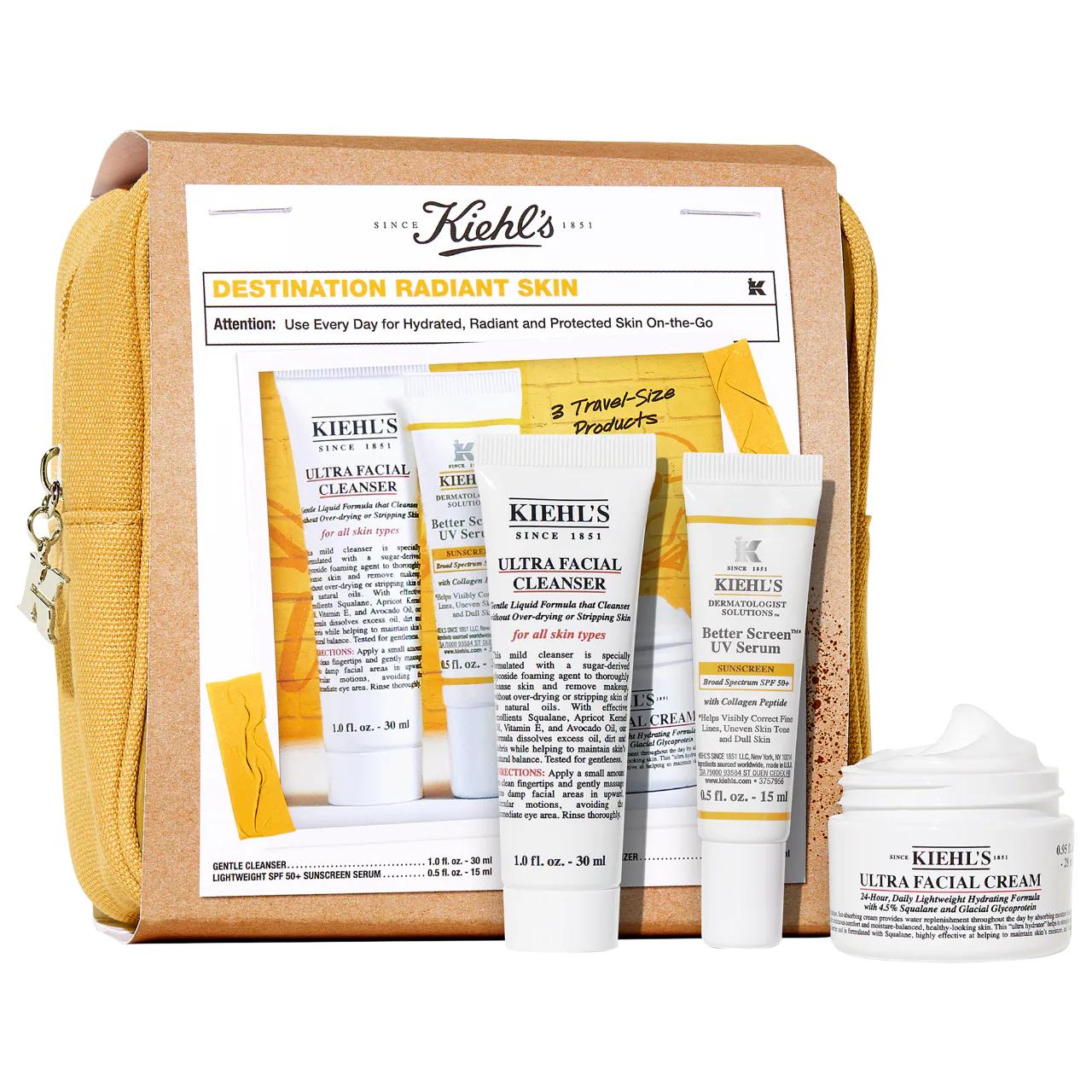 Kiehl's Destination Radiant Skin SPF 50 travel gift set with 3 travel-size tubes and cream on Tampa Home & Garden Store