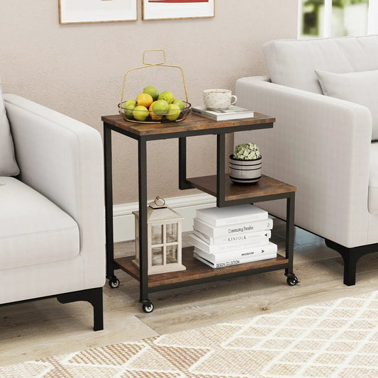 G-Shaped 3-Tier Mobile Side Table with Shelves wood top on black metal frame with casters on Tampa Home & Garden Store