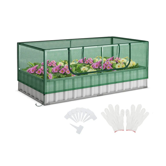 Galvanized raised garden bed with green mesh sides and integrated greenhouse cover on Tampa Home & Garden Store