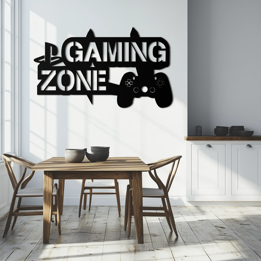 Gaming Zone metal wall art in black featuring GAMING ZONE lettering and controller silhouette on Tampa Home & Garden Store