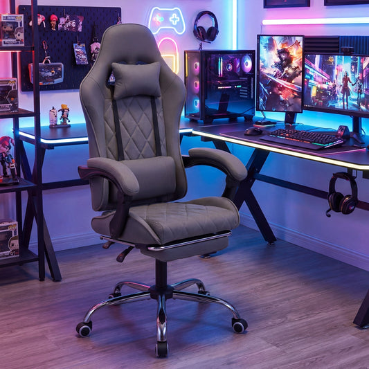 Gaming Chair Height Adjustable Computer Chair with Headrest and Lumbar Support-Gray - Tampa Home & Garden Store