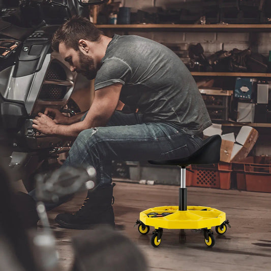 Height adjustable rolling garage stool yellow with chrome lift and five casters on Tampa Home & Garden Store