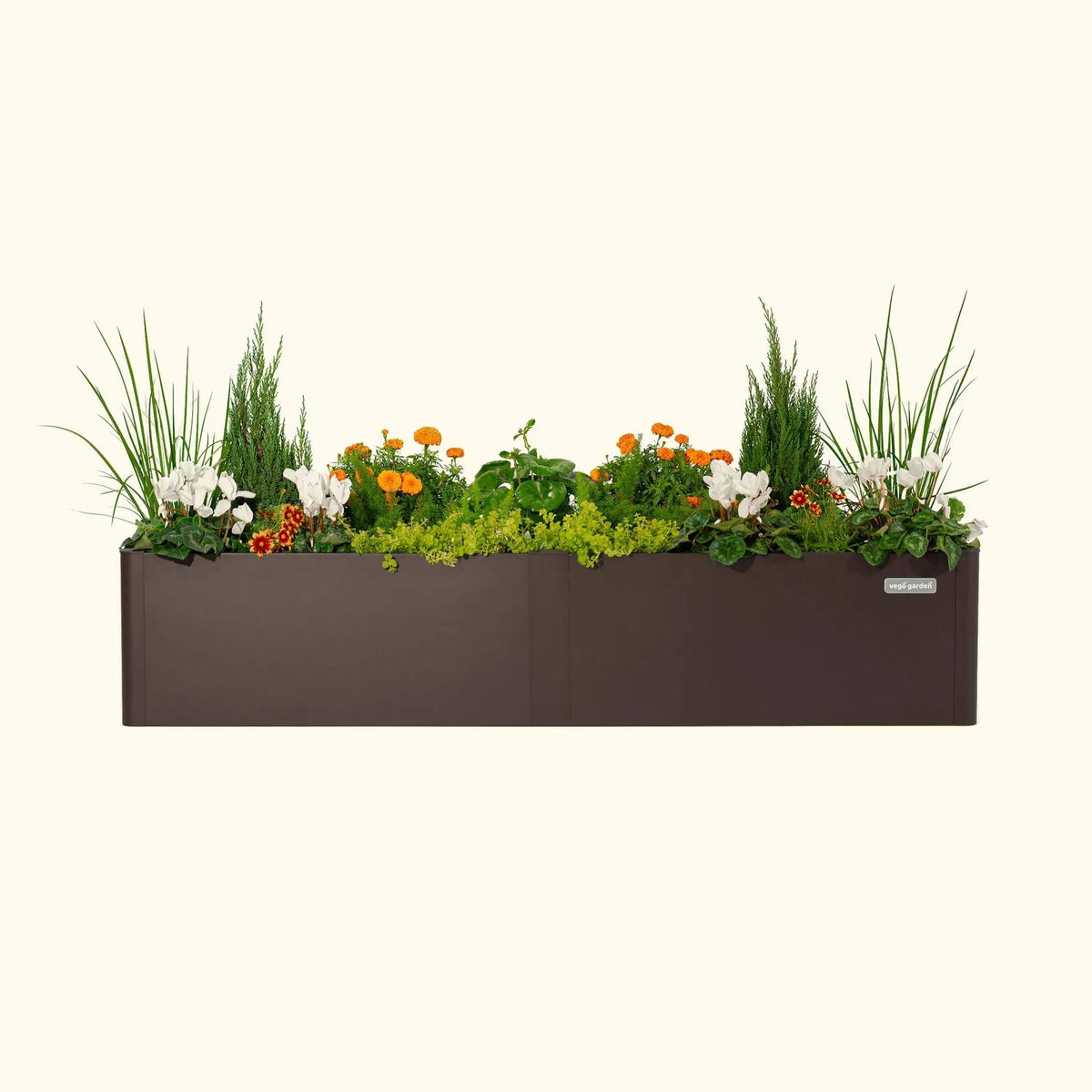One brown raised garden bed kit filled with mixed flowers and herbs Veg Garden badge on Tampa Home & Garden Store