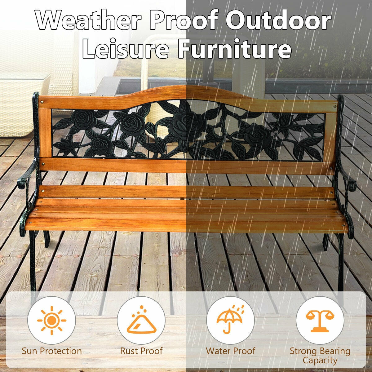 Garden Bench Chair Outdoor Wooden Loveseat with Iron Armrest - Tampa Home & Garden Store