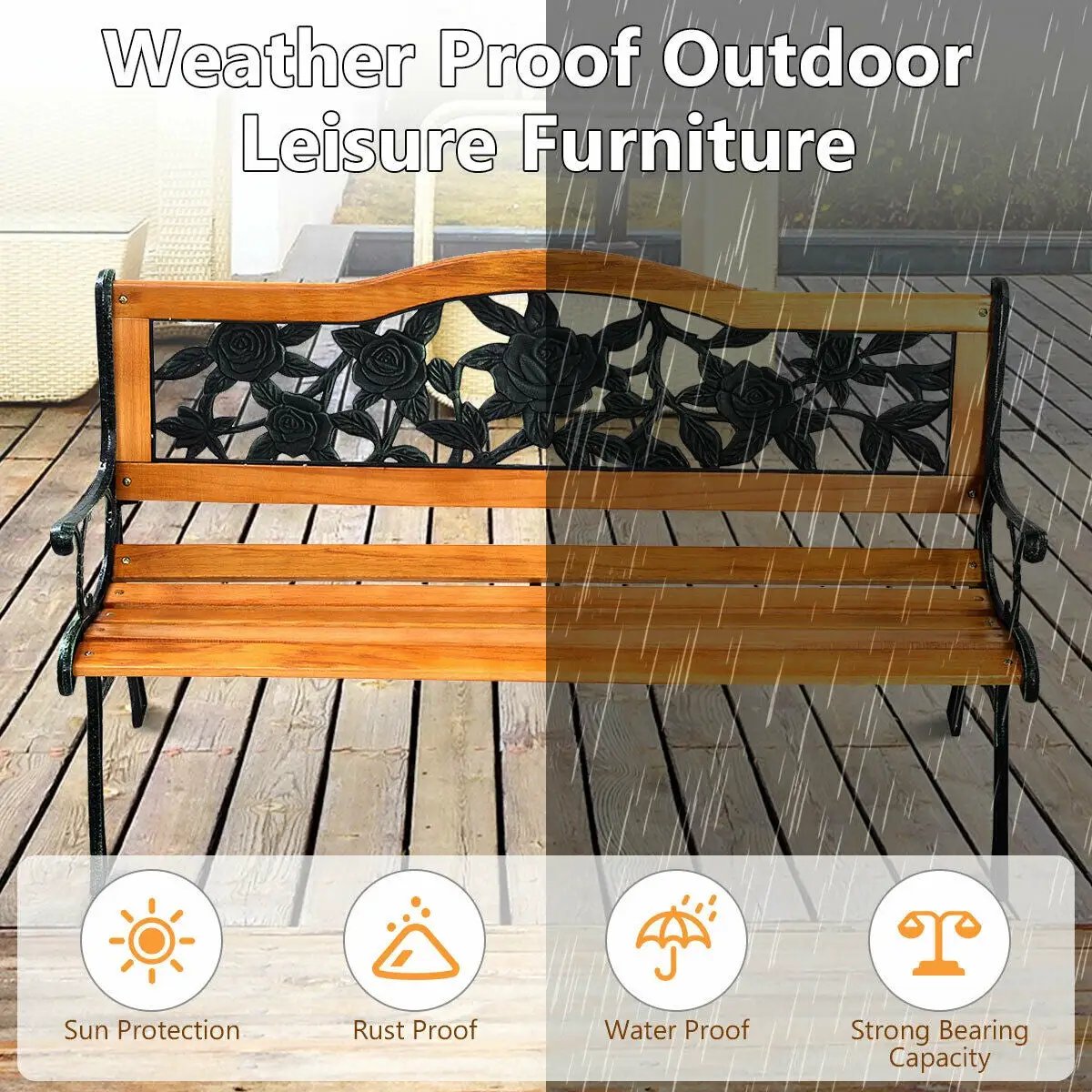 Outdoor wooden loveseat bench with iron armrests, black floral back, DirectDeals on Tampa Home & Garden Store
