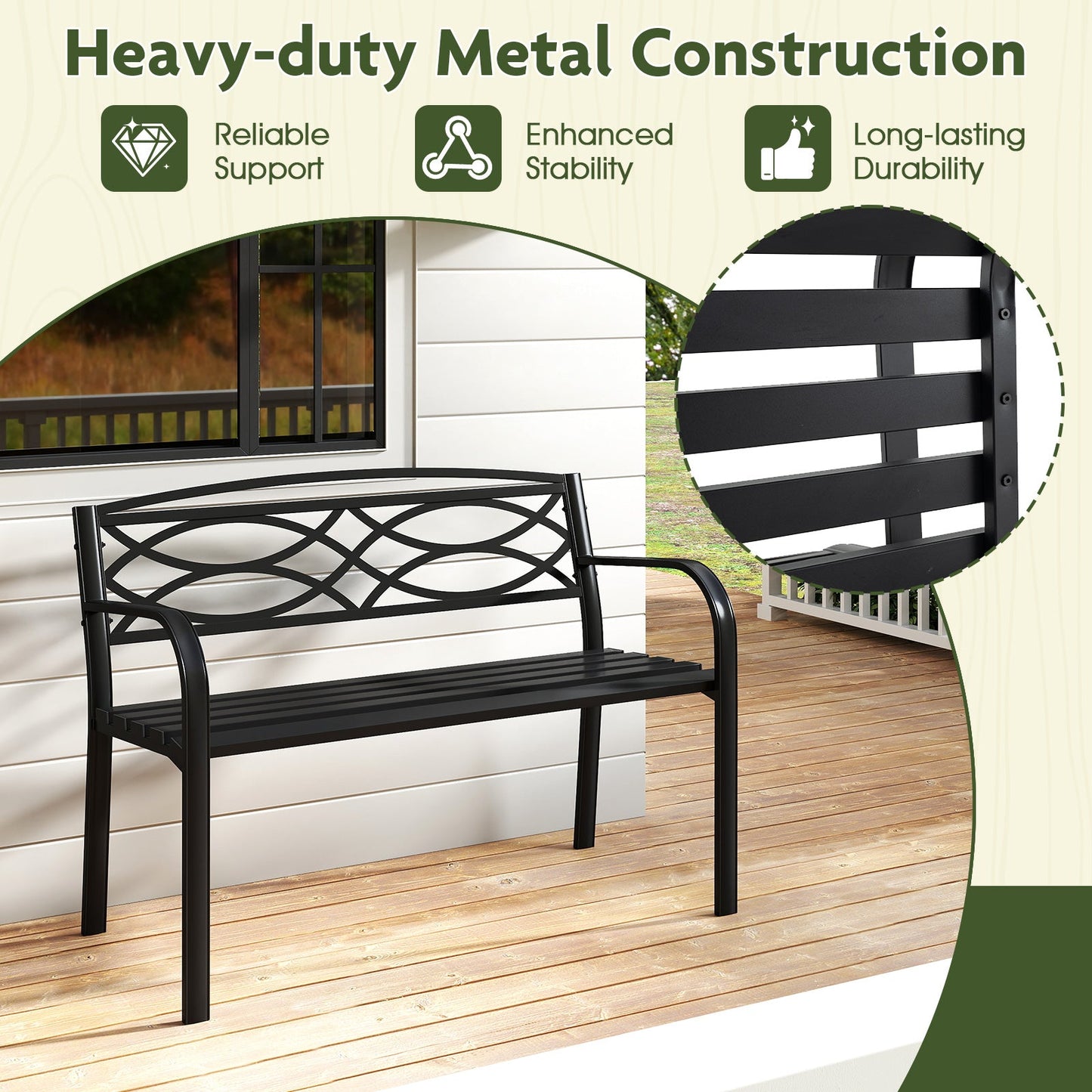 Garden Bench with Curved Armrests and Backrest-Black